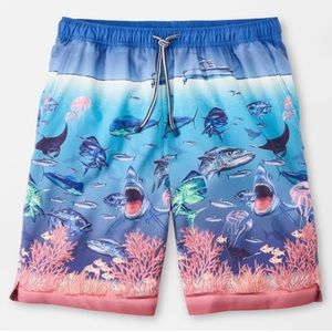 Peter Millar Ocean Traffic Swim Trunks Drawstring Shark Fish Island Blue…